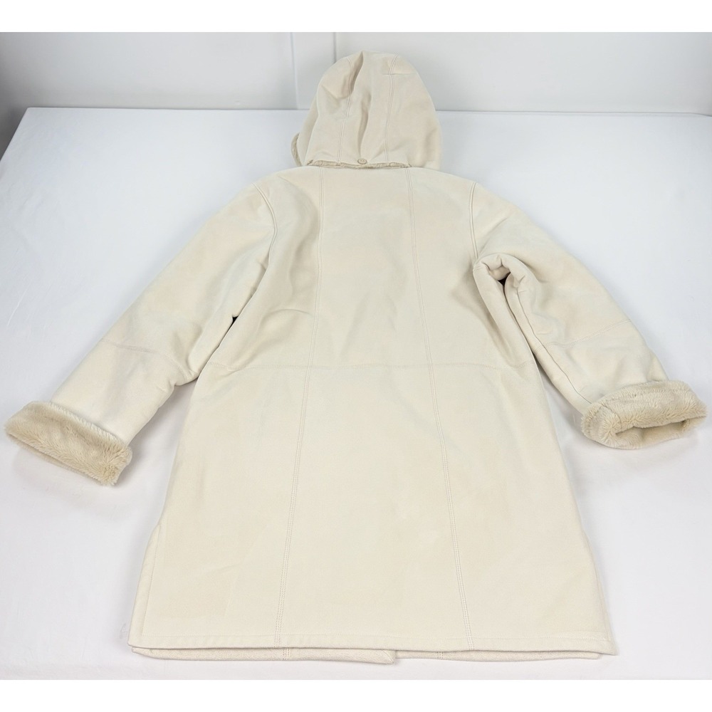 Vintage Gallery Women's Medium Faux Suede Shearling Fur Hooded Coat Cream Jacket - Picture 2 of 9